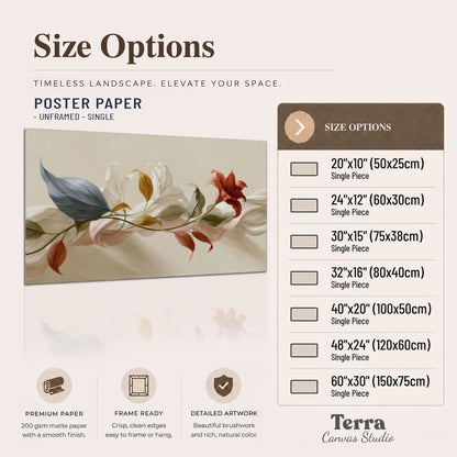 Ivory calla-like flowers and muted red accents curling across a cream background single poster print available dimensions
