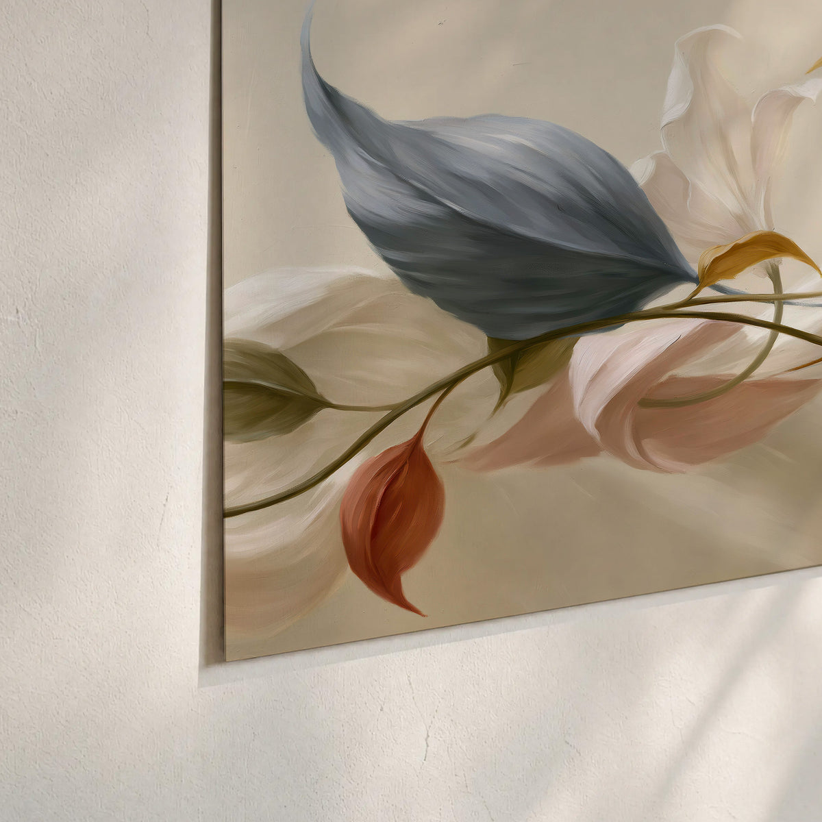 Ivory calla-like flowers and muted red accents curling across a cream background set of 3 poster prints material and edge close up