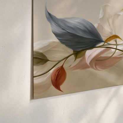 Ivory calla-like flowers and muted red accents curling across a cream background set of 3 poster prints material and edge close up