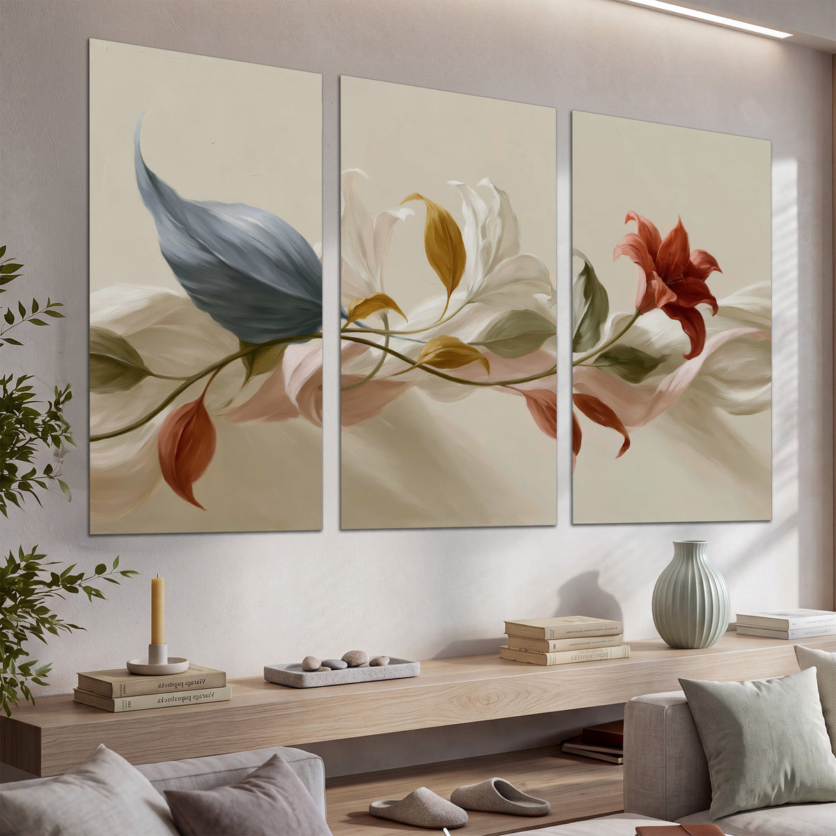 Ivory calla-like flowers and muted red accents curling across a cream background set of 3 poster prints displayed in a console