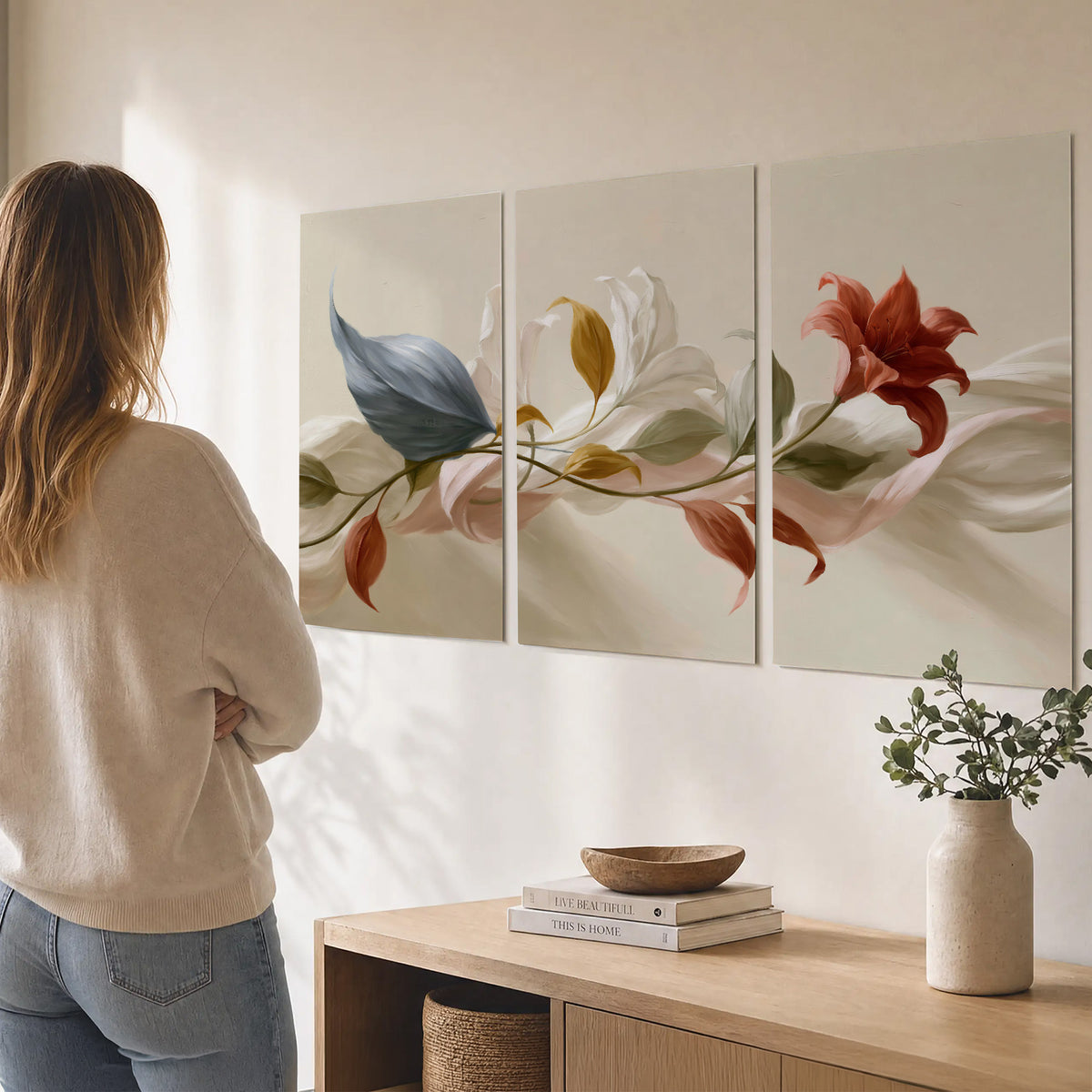 Ivory calla-like flowers and muted red accents curling across a cream background set of 3 poster prints three panel arrangement on a wall