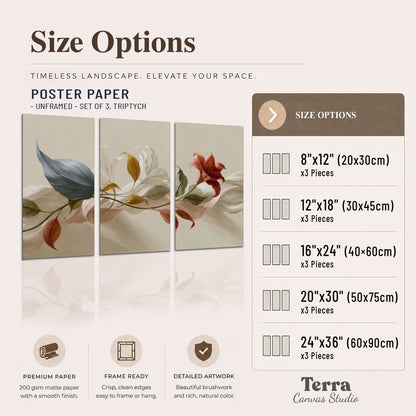 Ivory calla-like flowers and muted red accents curling across a cream background set of 3 poster prints available dimensions; triptych dimensions are per panel
