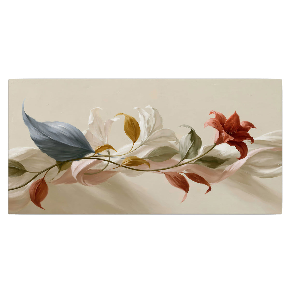 Ivory calla-like flowers and muted red accents curling across a cream background single canvas wall art viewed straight on