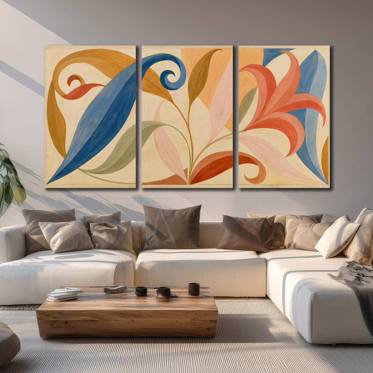 Bold blue, coral and golden leaf-like shapes flowing across a cream ground 3 piece canvas wall art displayed in a living room