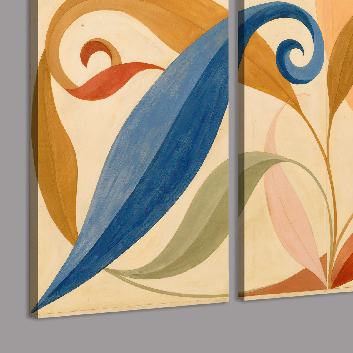 Bold blue, coral and golden leaf-like shapes flowing across a cream ground 3 piece canvas wall art room and product view