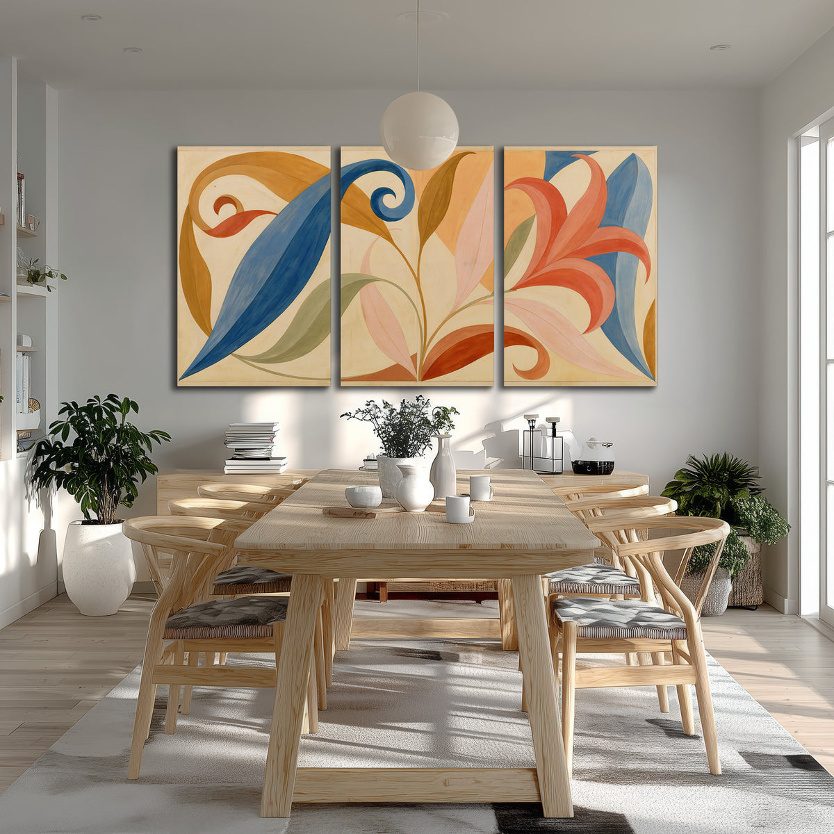 Bold blue, coral and golden leaf-like shapes flowing across a cream ground 3 piece canvas wall art room and product view