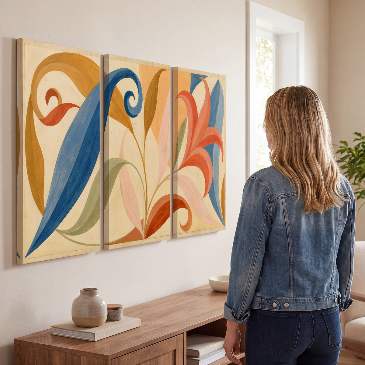 Bold blue, coral and golden leaf-like shapes flowing across a cream ground 3 piece canvas wall art three panel arrangement on a wall
