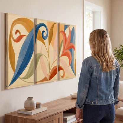 Bold blue, coral and golden leaf-like shapes flowing across a cream ground 3 piece canvas wall art three panel arrangement on a wall