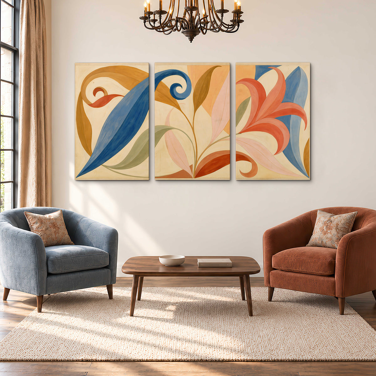 Bold blue, coral and golden leaf-like shapes flowing across a cream ground 3 piece canvas wall art styled in an interior