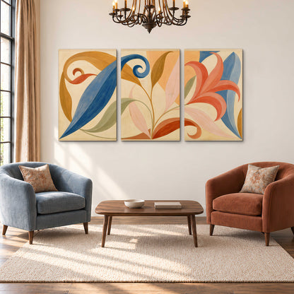 Bold blue, coral and golden leaf-like shapes flowing across a cream ground 3 piece canvas wall art styled in an interior