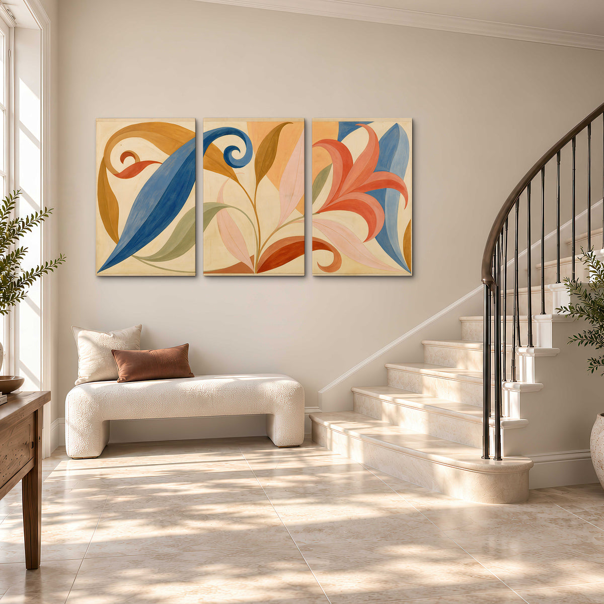 Bold blue, coral and golden leaf-like shapes flowing across a cream ground 3 piece canvas wall art styled in an interior