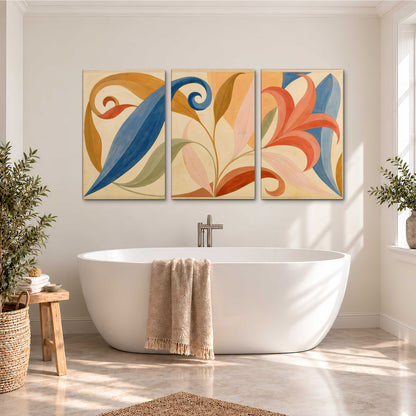 Bold blue, coral and golden leaf-like shapes flowing across a cream ground 3 piece canvas wall art styled in an interior