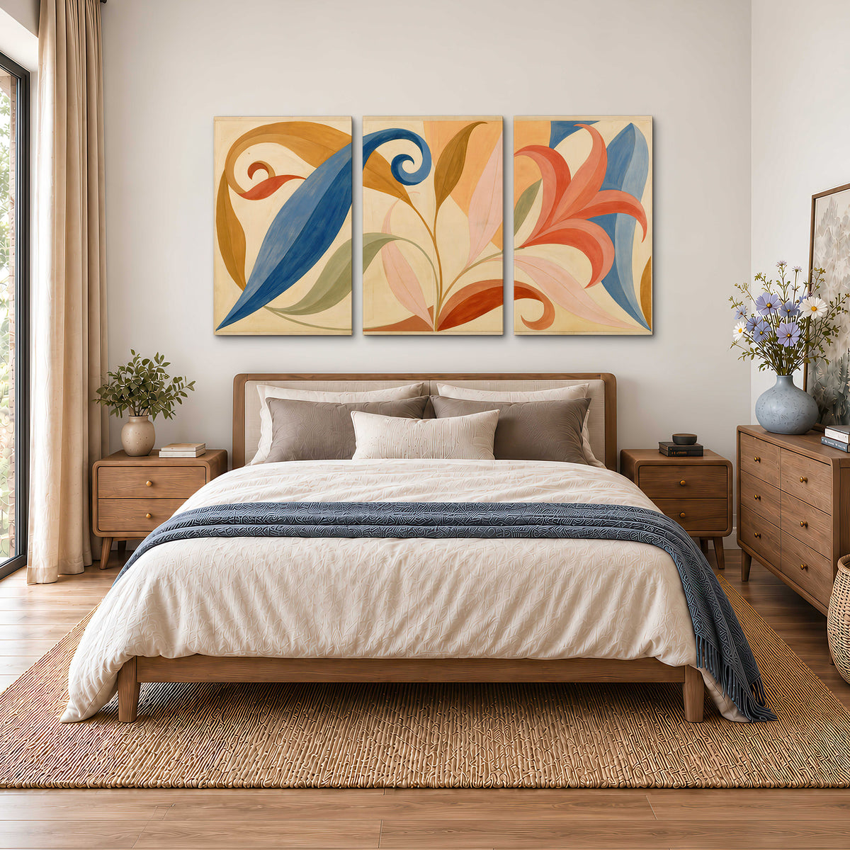 Bold blue, coral and golden leaf-like shapes flowing across a cream ground 3 piece canvas wall art styled in an interior