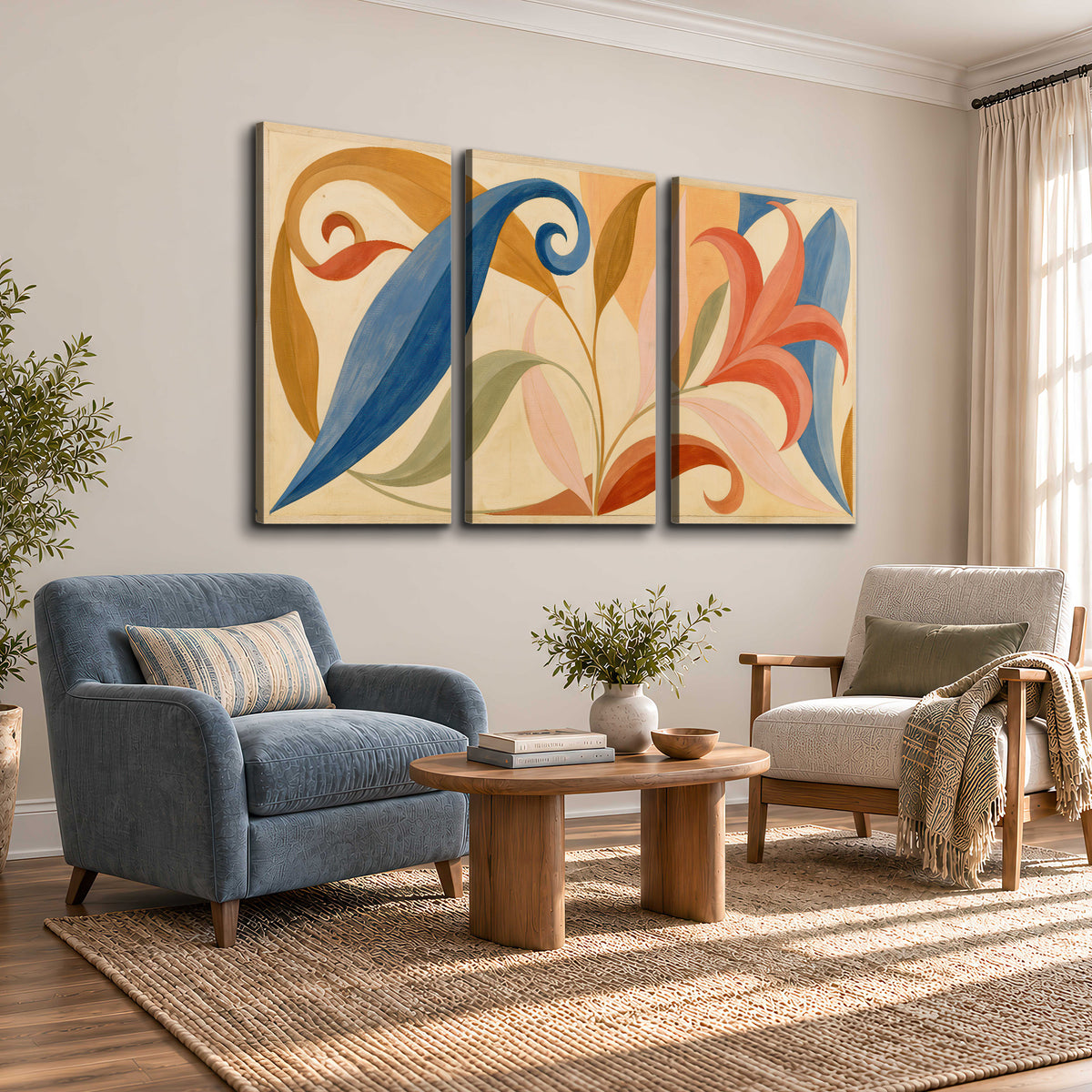 Bold blue, coral and golden leaf-like shapes flowing across a cream ground 3 piece canvas wall art styled in an interior