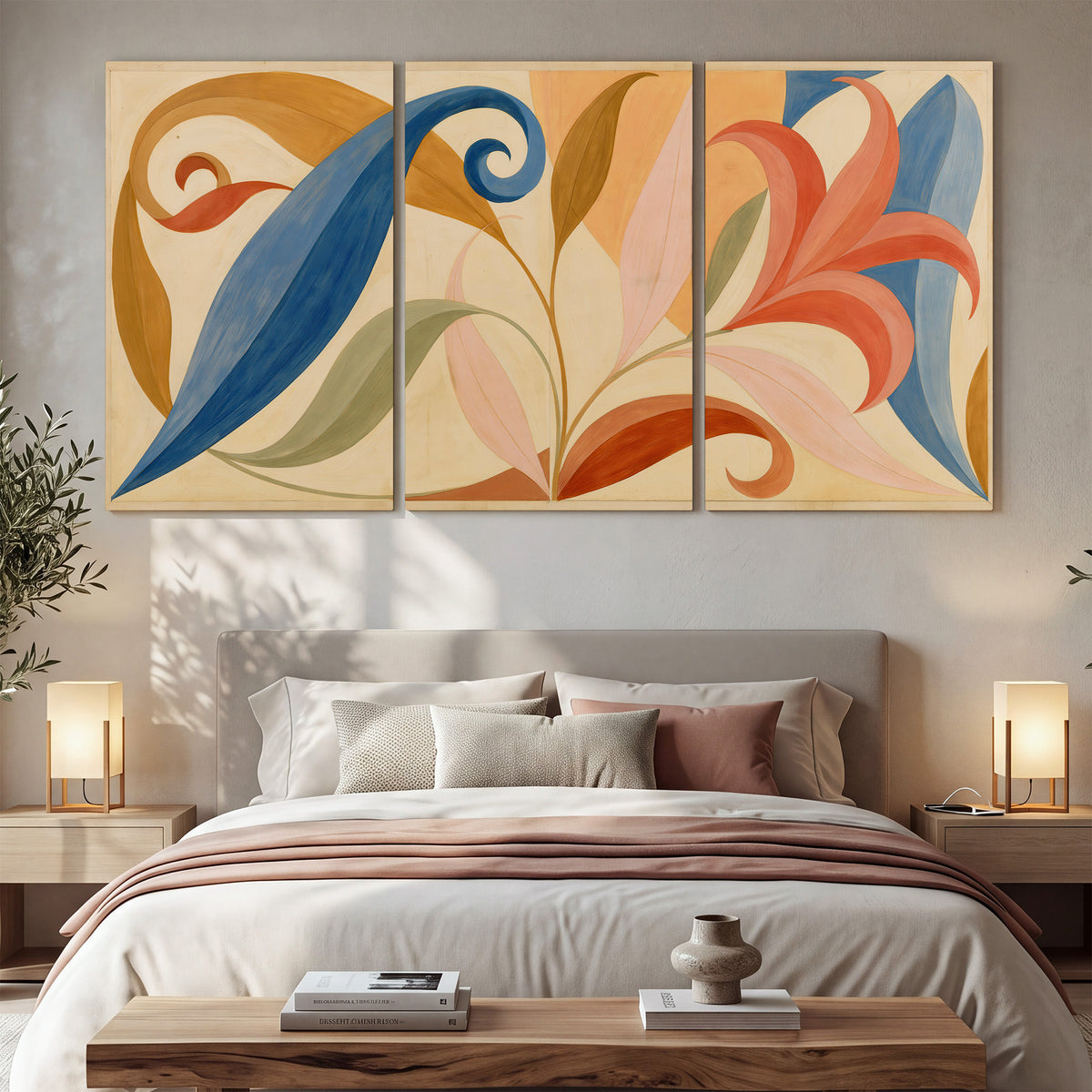 Bold blue, coral and golden leaf-like shapes flowing across a cream ground 3 piece canvas wall art displayed in a bedroom