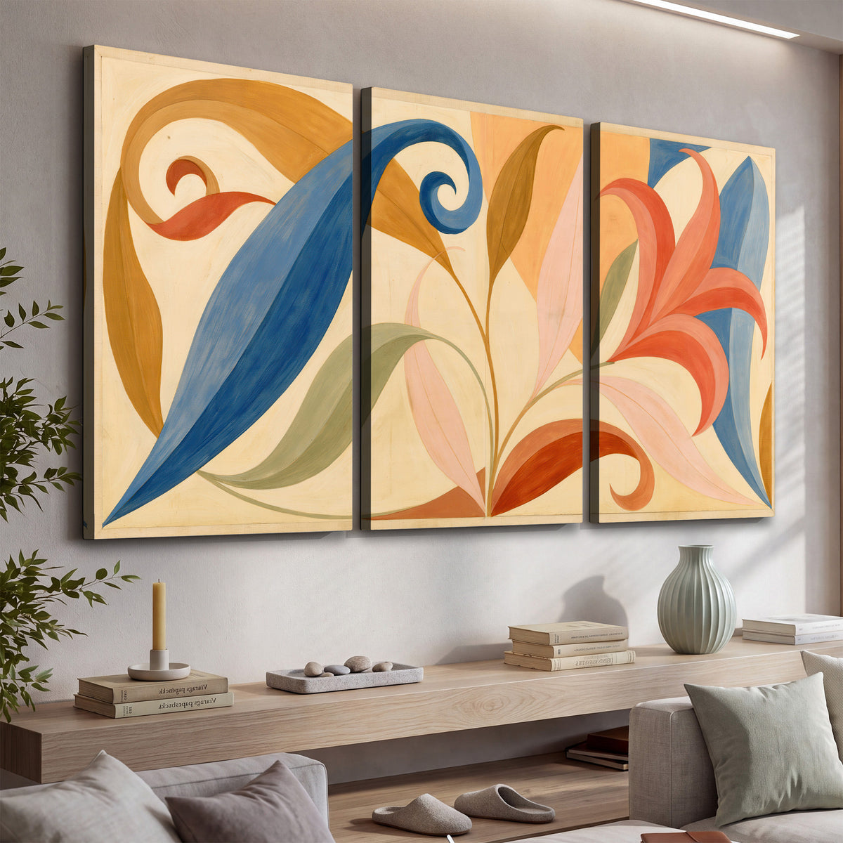Bold blue, coral and golden leaf-like shapes flowing across a cream ground 3 piece canvas wall art displayed in a console