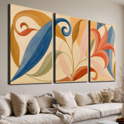 Bold blue, coral and golden leaf-like shapes flowing across a cream ground 3 piece canvas wall art room and product view