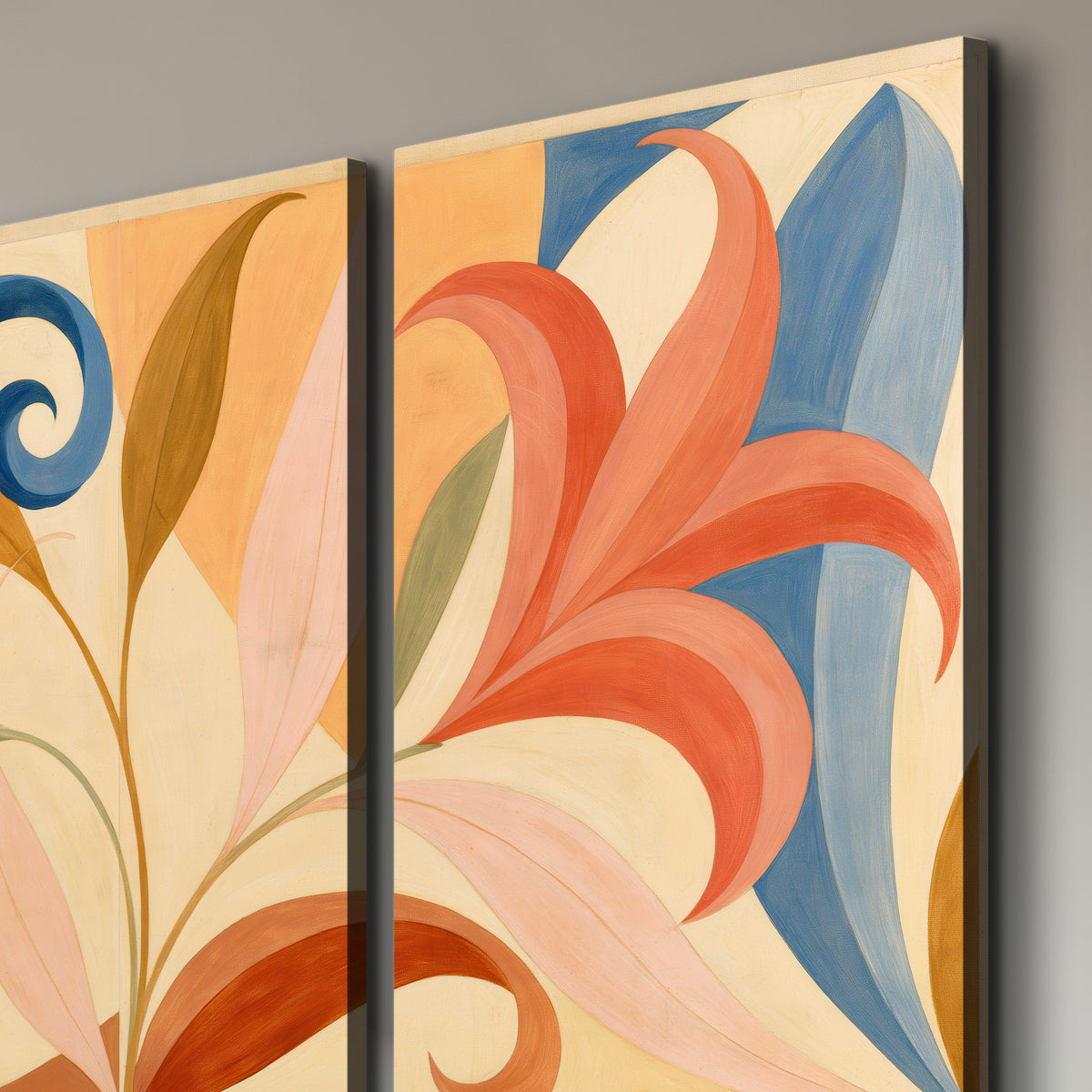 Bold blue, coral and golden leaf-like shapes flowing across a cream ground 3 piece canvas wall art room and product view