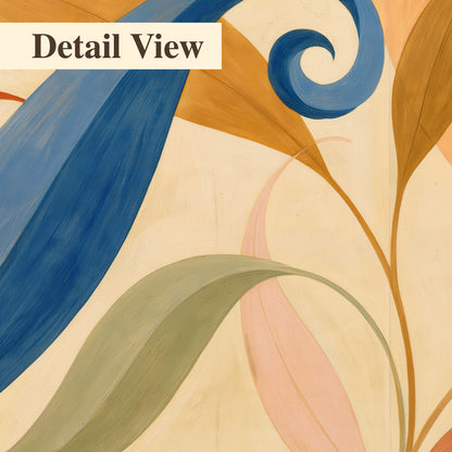 Bold blue, coral and golden leaf-like shapes flowing across a cream ground 3 piece canvas wall art artwork detail close up