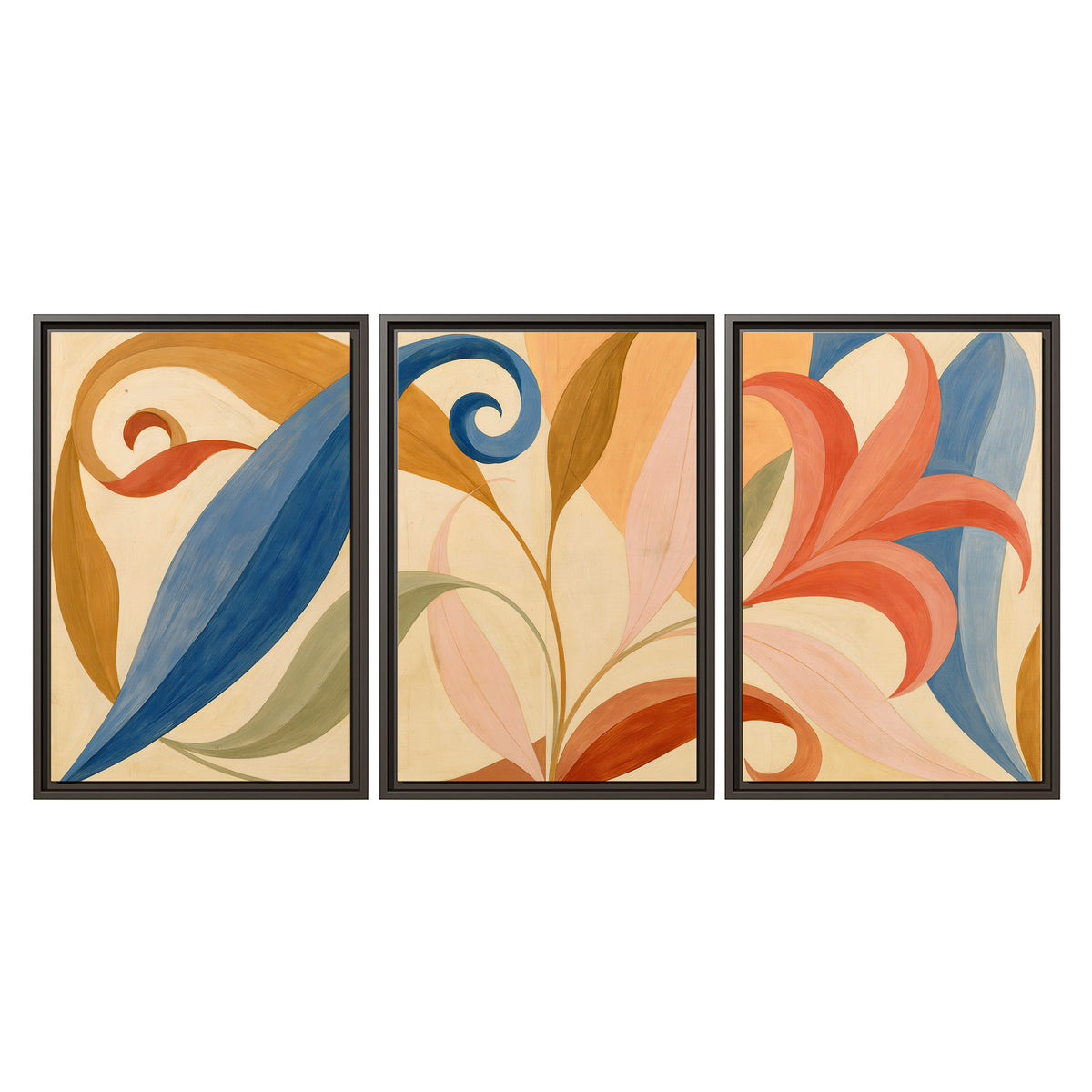 Bold blue, coral and golden leaf-like shapes flowing across a cream ground 3 piece framed canvas wall art viewed straight on