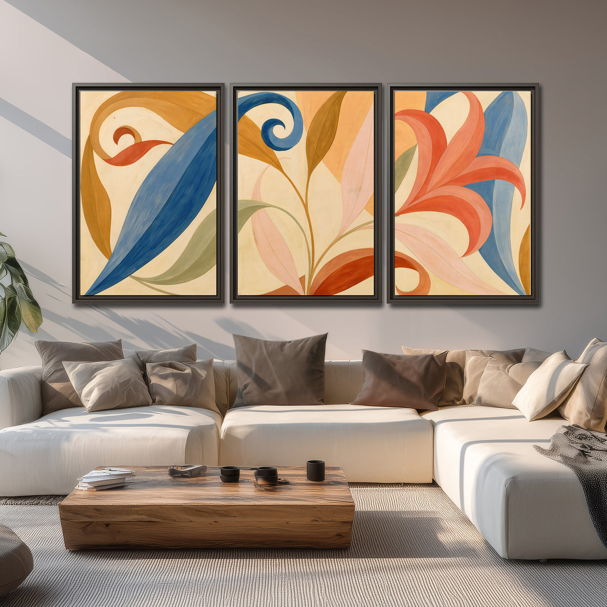 Bold blue, coral and golden leaf-like shapes flowing across a cream ground 3 piece framed canvas wall art displayed in a living room