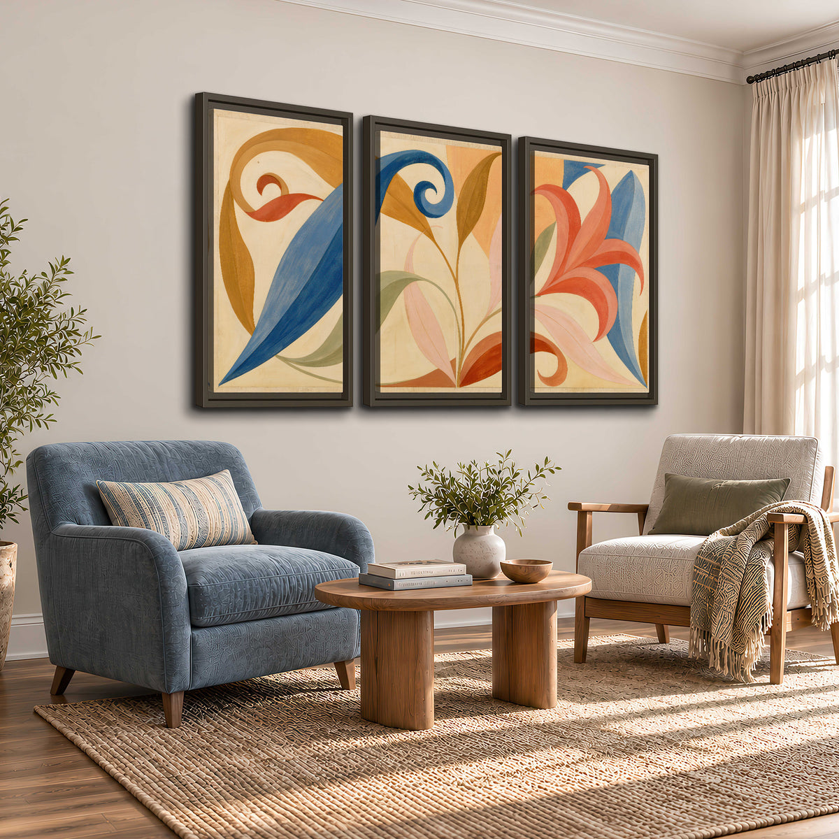 Bold blue, coral and golden leaf-like shapes flowing across a cream ground 3 piece framed canvas wall art styled in an interior