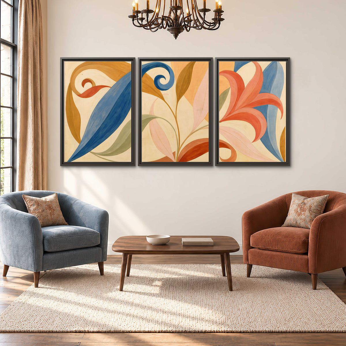 Bold blue, coral and golden leaf-like shapes flowing across a cream ground 3 piece framed canvas wall art styled in an interior