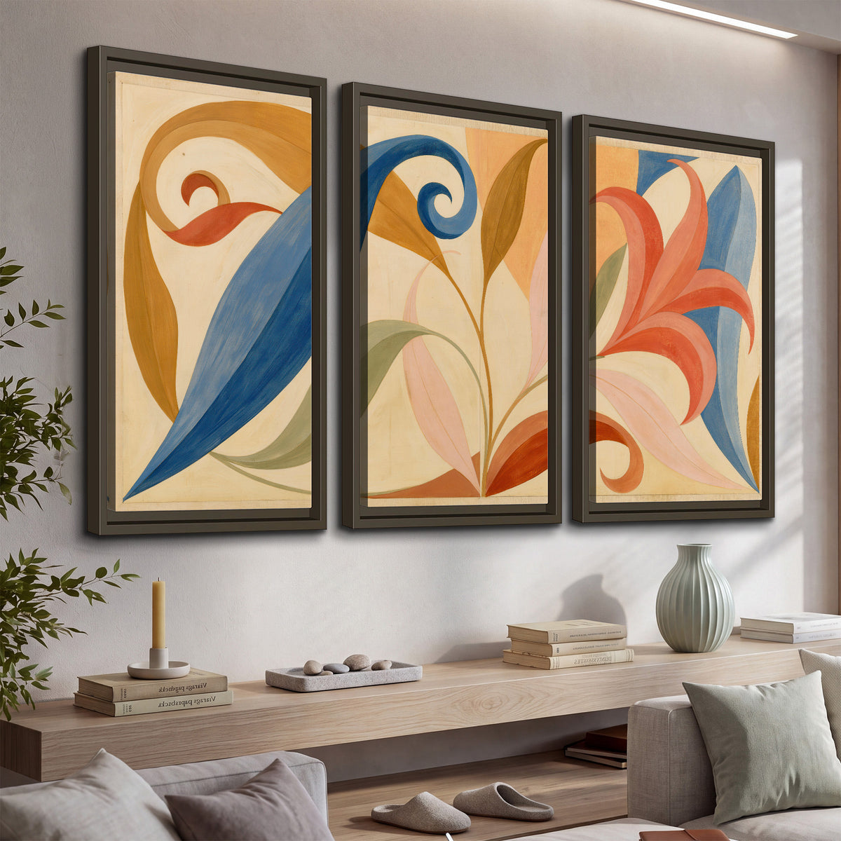 Bold blue, coral and golden leaf-like shapes flowing across a cream ground 3 piece framed canvas wall art displayed in a console