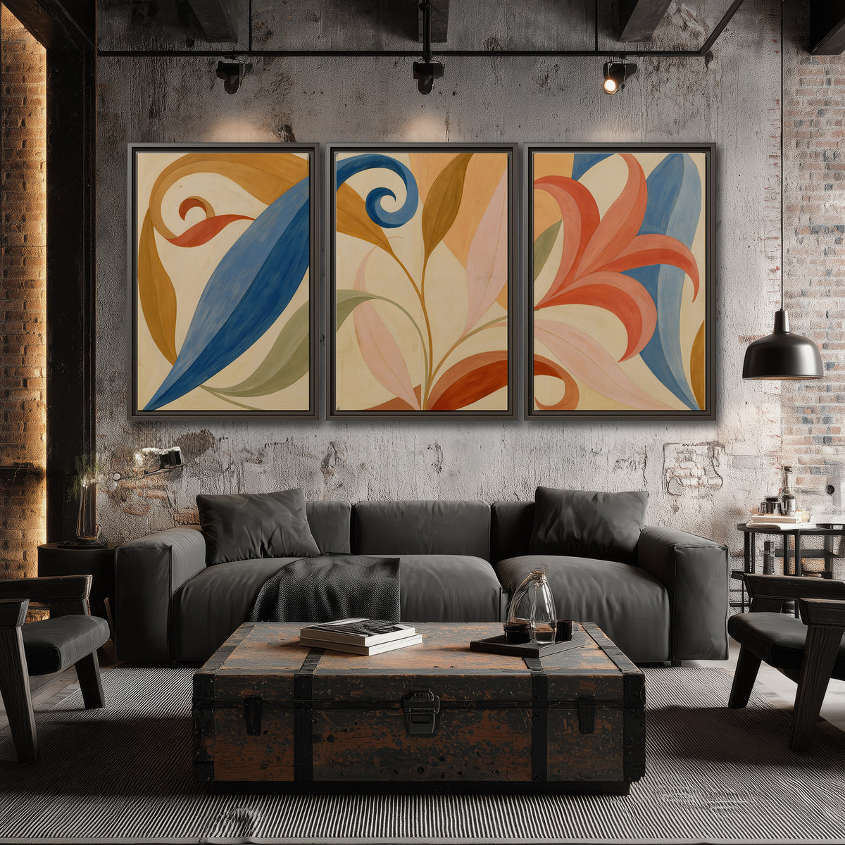 Bold blue, coral and golden leaf-like shapes flowing across a cream ground 3 piece framed canvas wall art displayed in a industrial room