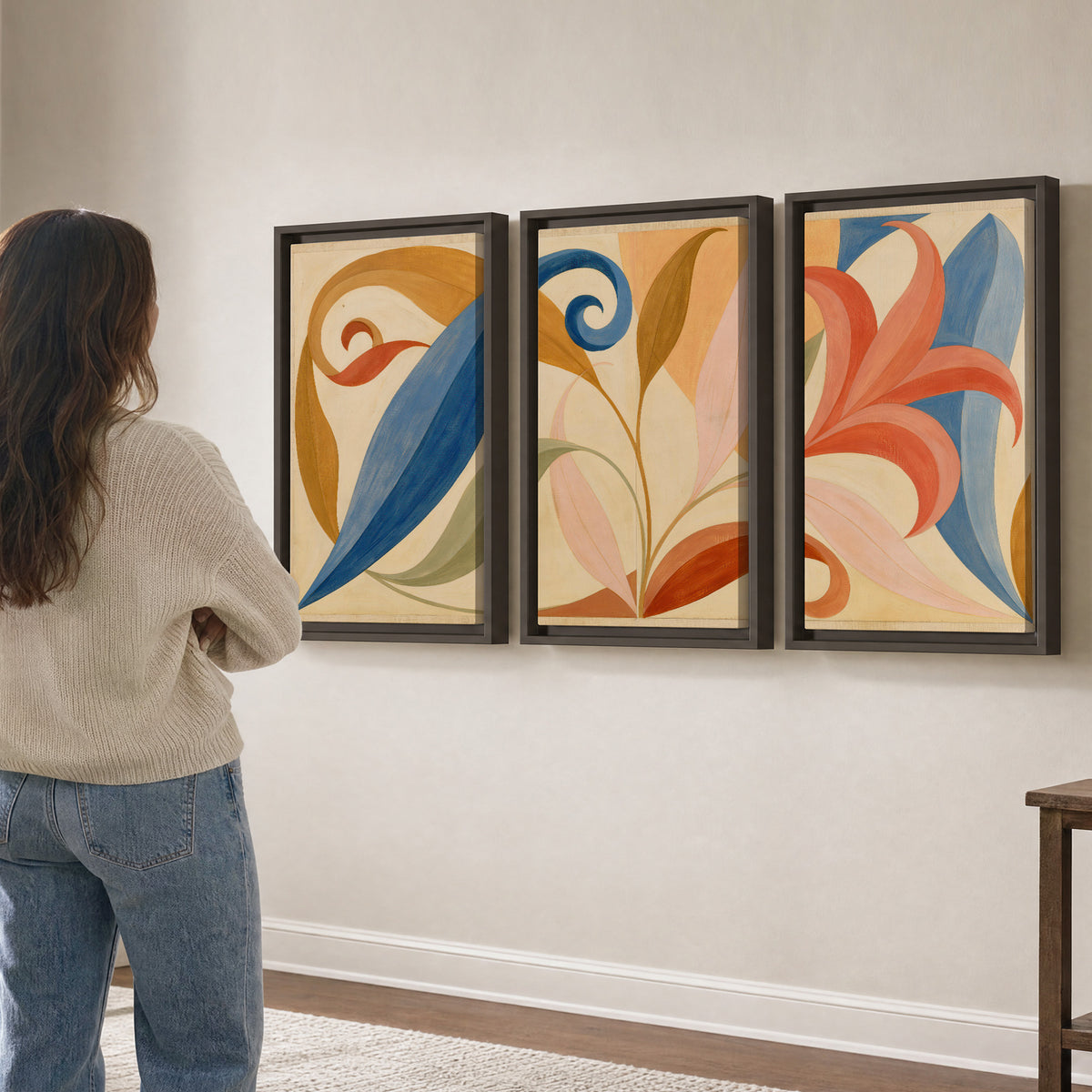 Bold blue, coral and golden leaf-like shapes flowing across a cream ground 3 piece framed canvas wall art three panel arrangement on a wall