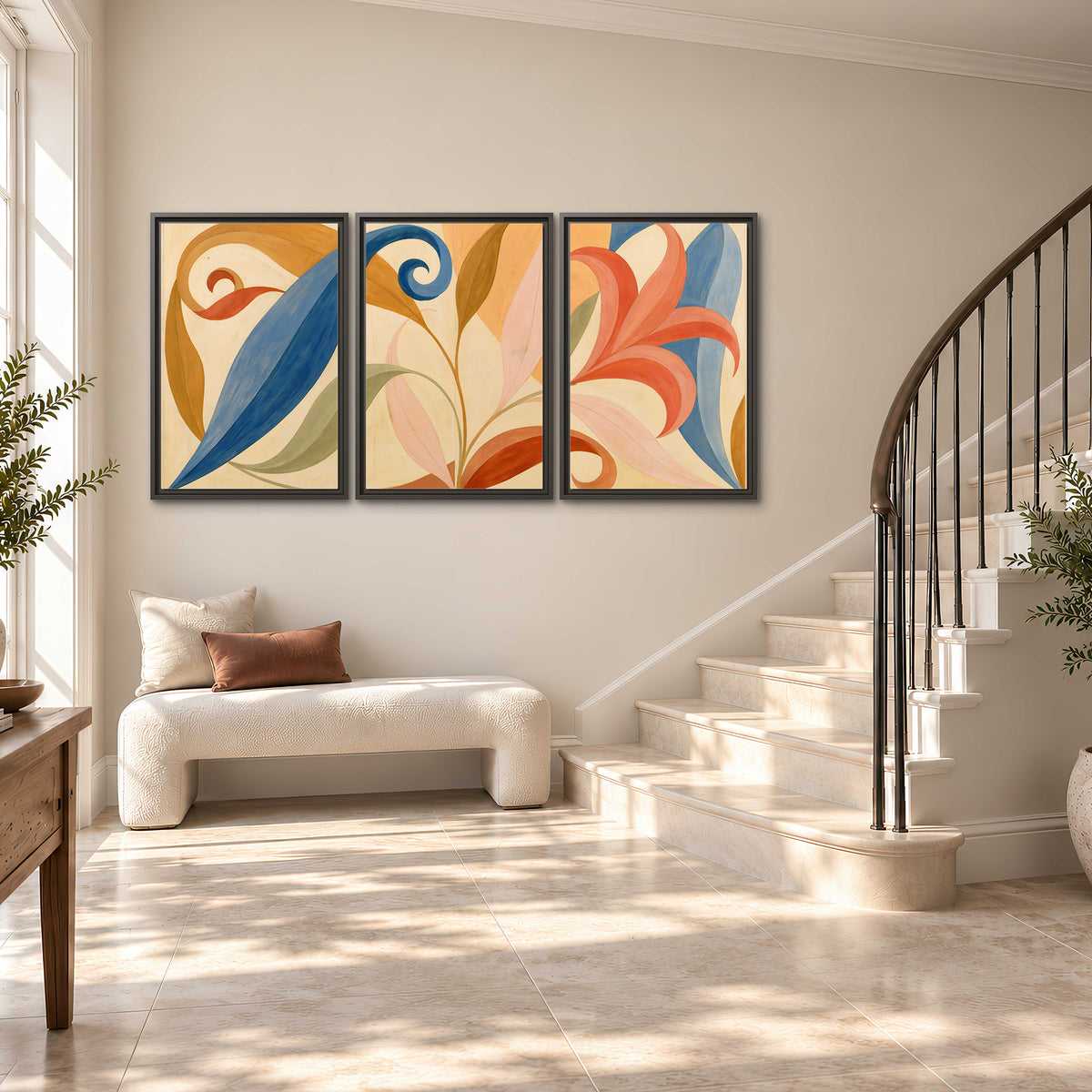 Bold blue, coral and golden leaf-like shapes flowing across a cream ground 3 piece framed canvas wall art styled in an interior
