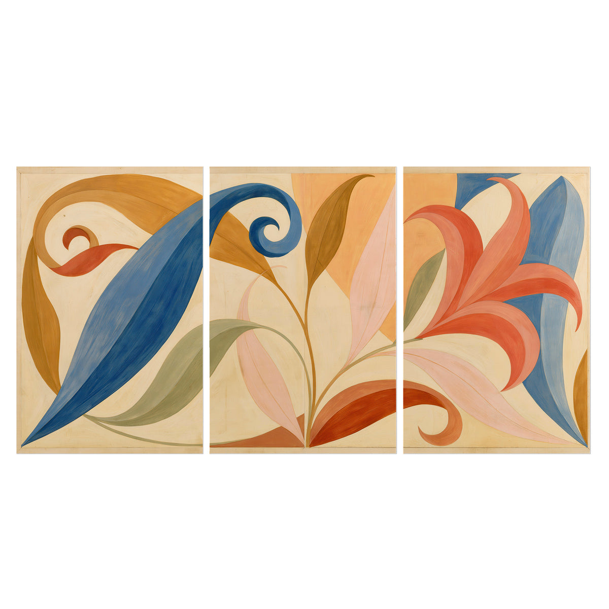 Bold blue, coral and golden leaf-like shapes flowing across a cream ground set of 3 poster prints viewed straight on