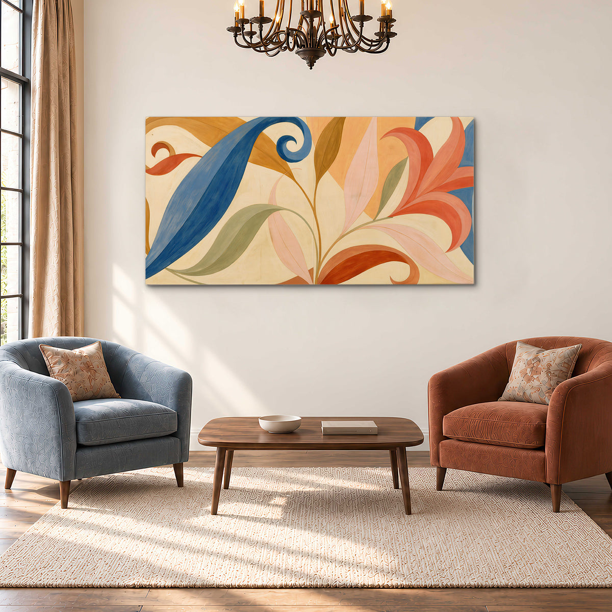 Bold blue, coral and golden leaf-like shapes flowing across a cream ground single canvas wall art styled in an interior