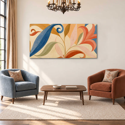 Bold blue, coral and golden leaf-like shapes flowing across a cream ground single canvas wall art styled in an interior