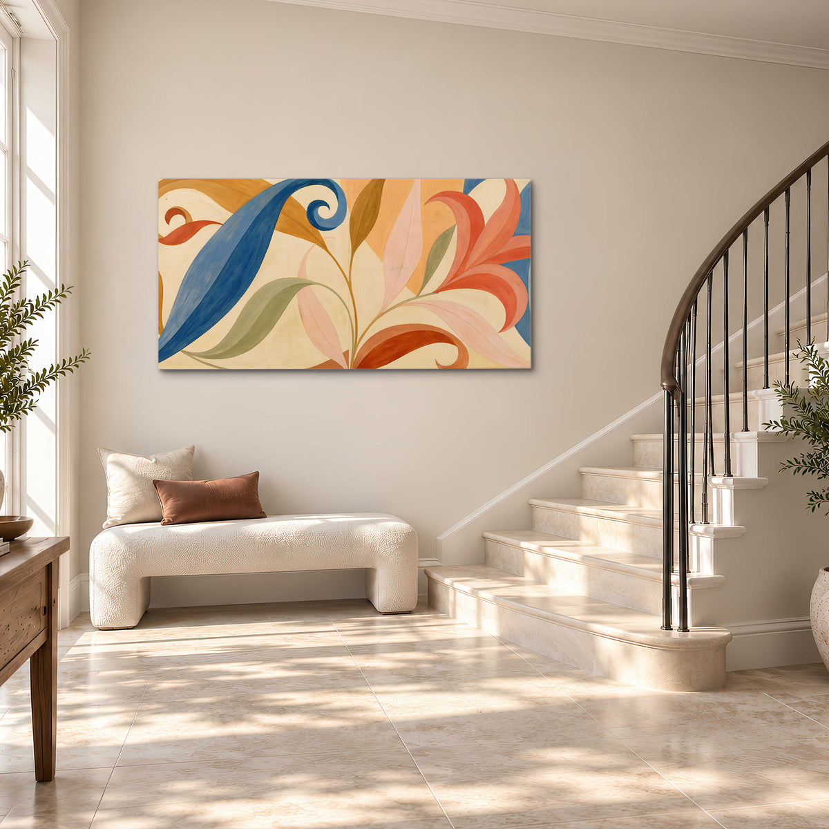Bold blue, coral and golden leaf-like shapes flowing across a cream ground single canvas wall art styled in an interior