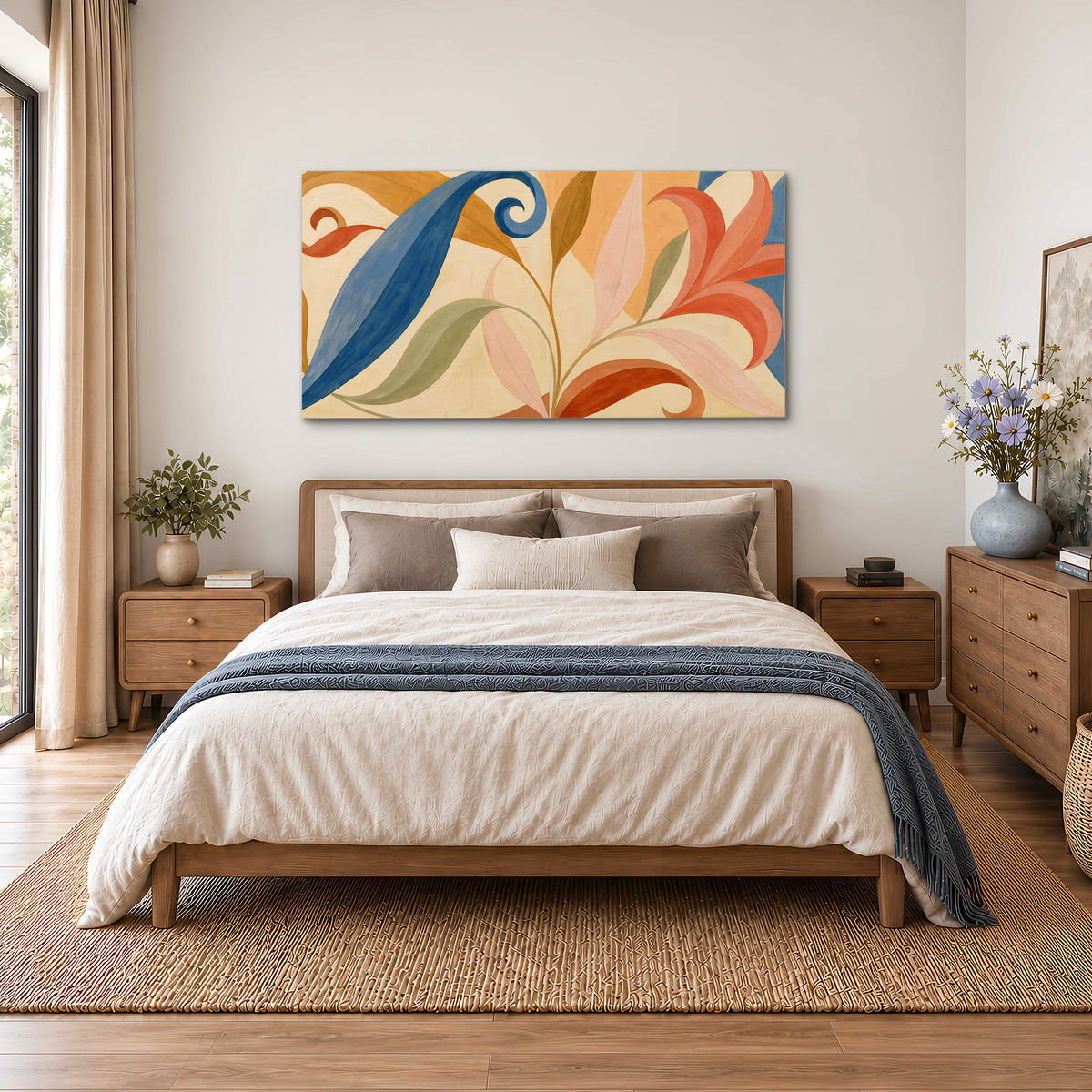 Bold blue, coral and golden leaf-like shapes flowing across a cream ground single canvas wall art styled in an interior