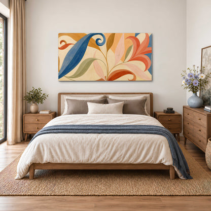 Bold blue, coral and golden leaf-like shapes flowing across a cream ground single canvas wall art styled in an interior