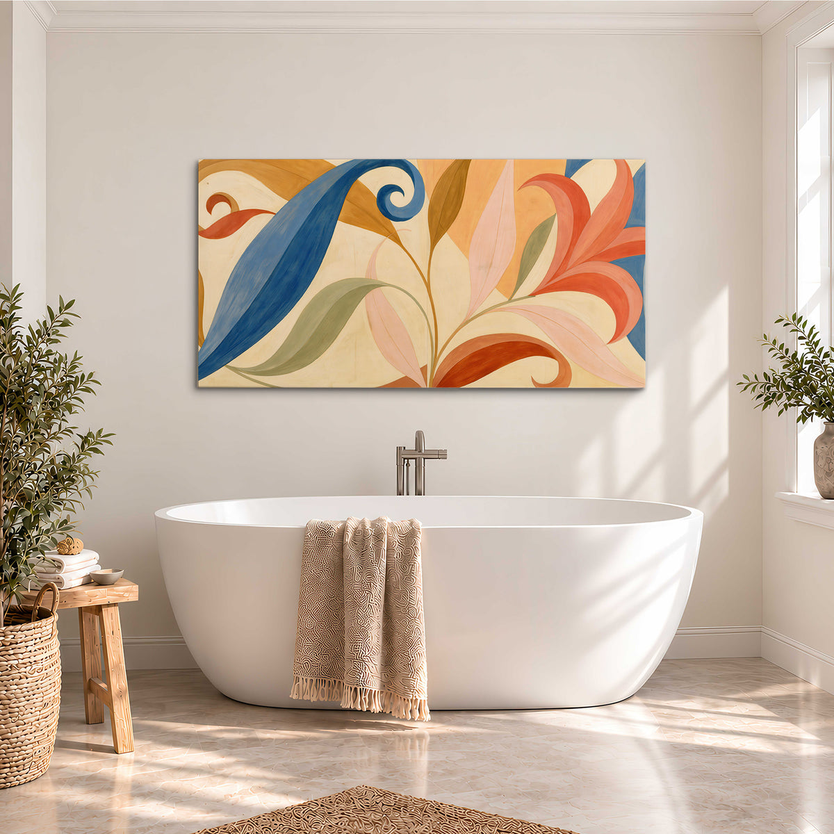 Bold blue, coral and golden leaf-like shapes flowing across a cream ground single canvas wall art styled in an interior
