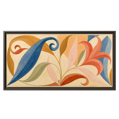 Bold blue, coral and golden leaf-like shapes flowing across a cream ground single framed canvas wall art viewed straight on