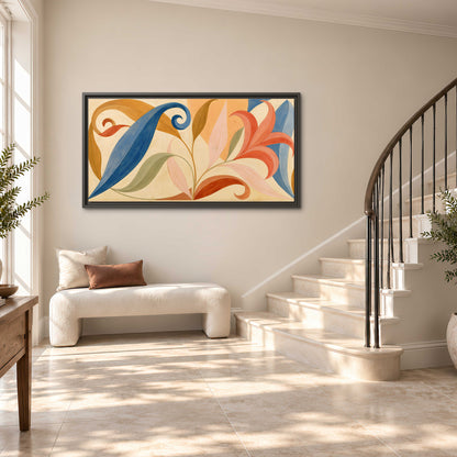 Bold blue, coral and golden leaf-like shapes flowing across a cream ground single framed canvas wall art styled in an interior