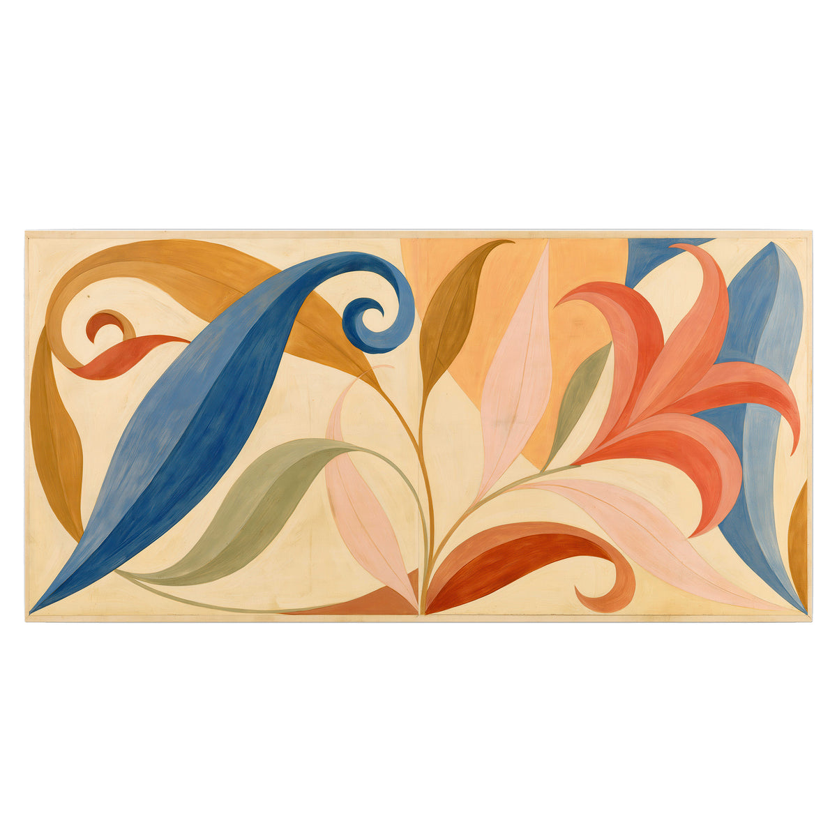 Bold blue, coral and golden leaf-like shapes flowing across a cream ground single poster print viewed straight on