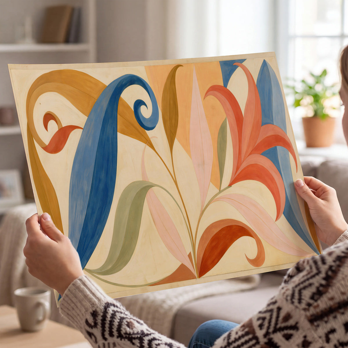 Bold blue, coral and golden leaf-like shapes flowing across a cream ground single poster print held in hands
