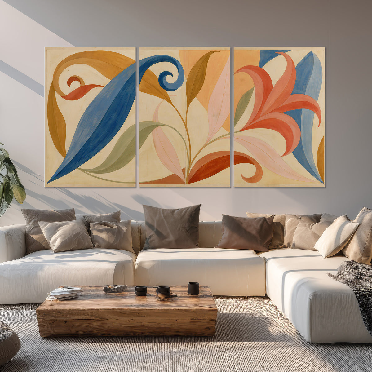 Bold blue, coral and golden leaf-like shapes flowing across a cream ground set of 3 poster prints displayed in a living room