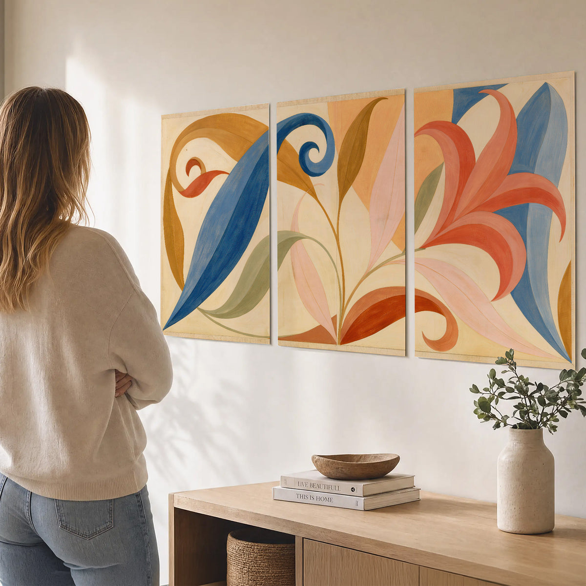 Bold blue, coral and golden leaf-like shapes flowing across a cream ground set of 3 poster prints three panel arrangement on a wall