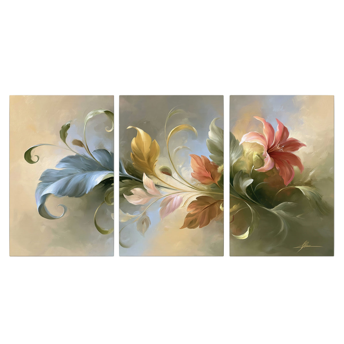 Curving blue, cream and warm red lily-like flowers on a softly shaded background 3 piece canvas wall art viewed straight on