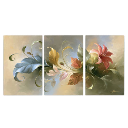 Curving blue, cream and warm red lily-like flowers on a softly shaded background 3 piece canvas wall art viewed straight on