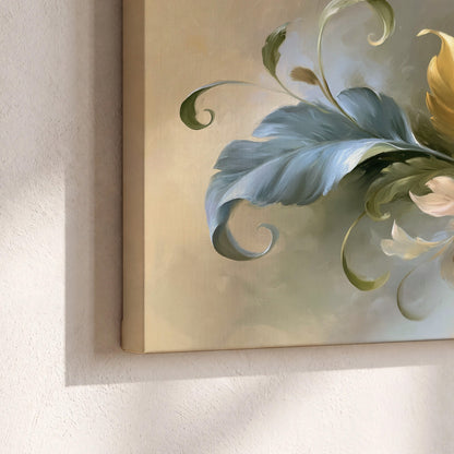 Curving blue, cream and warm red lily-like flowers on a softly shaded background 3 piece canvas wall art material and edge close up