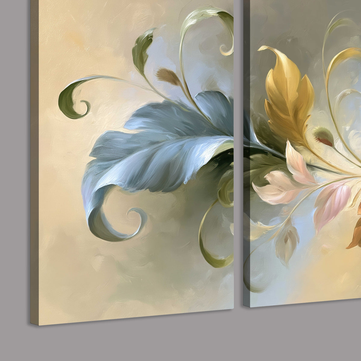Curving blue, cream and warm red lily-like flowers on a softly shaded background 3 piece canvas wall art room and product view