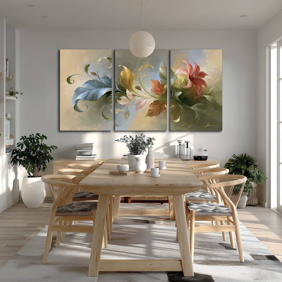 Curving blue, cream and warm red lily-like flowers on a softly shaded background 3 piece canvas wall art room and product view