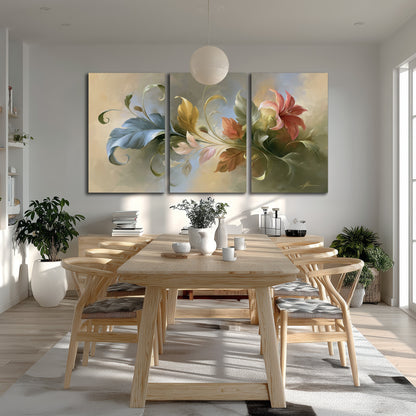 Curving blue, cream and warm red lily-like flowers on a softly shaded background 3 piece canvas wall art room and product view